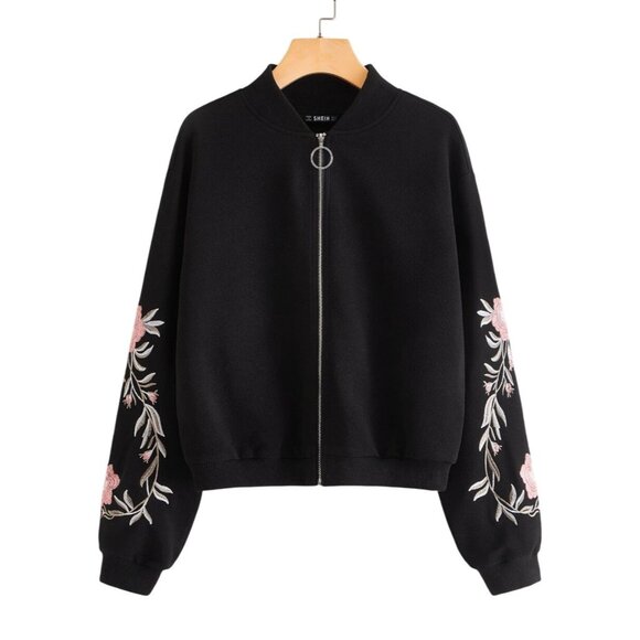Floral Embroidery Streetwear Jacket L Casual Fall Dark Fairycore Romantic Grunge - Picture 1 of 16